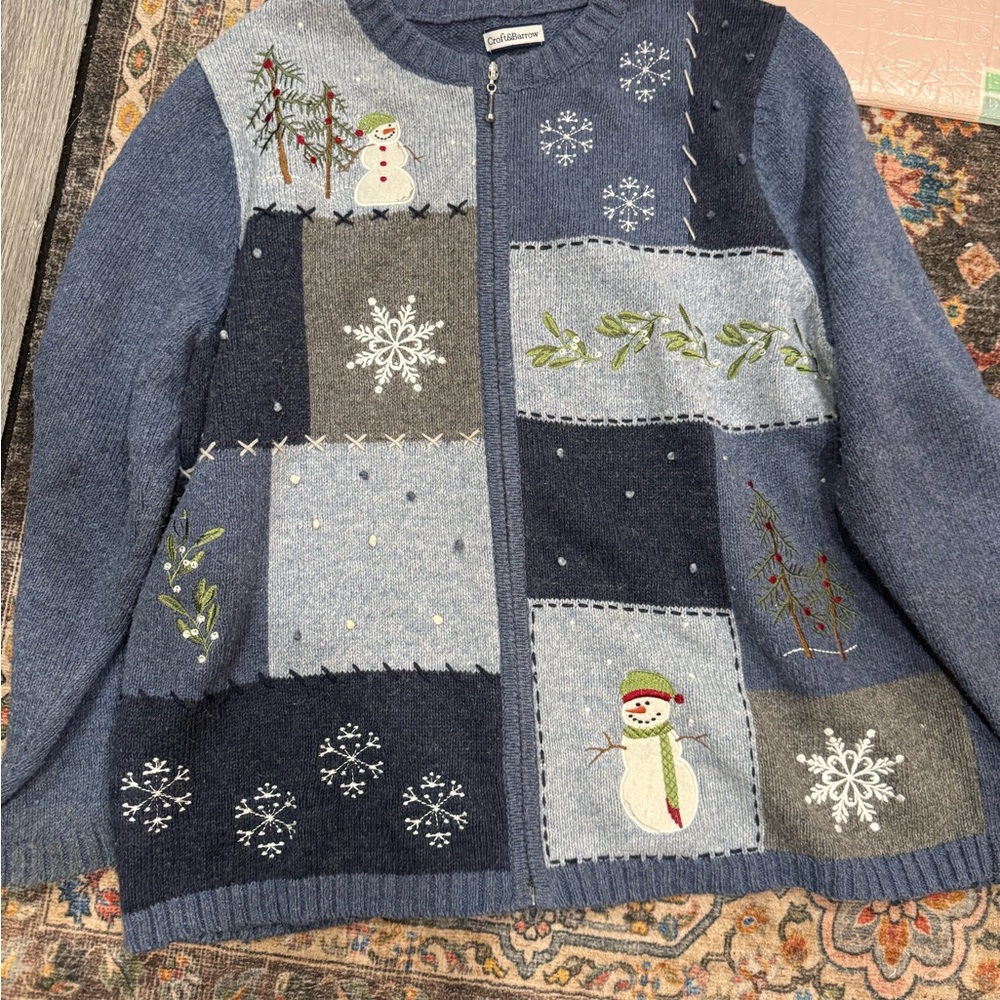 Blue Patchwork Snowman Sweater. Vintage Croft and barrow winter and Christmas